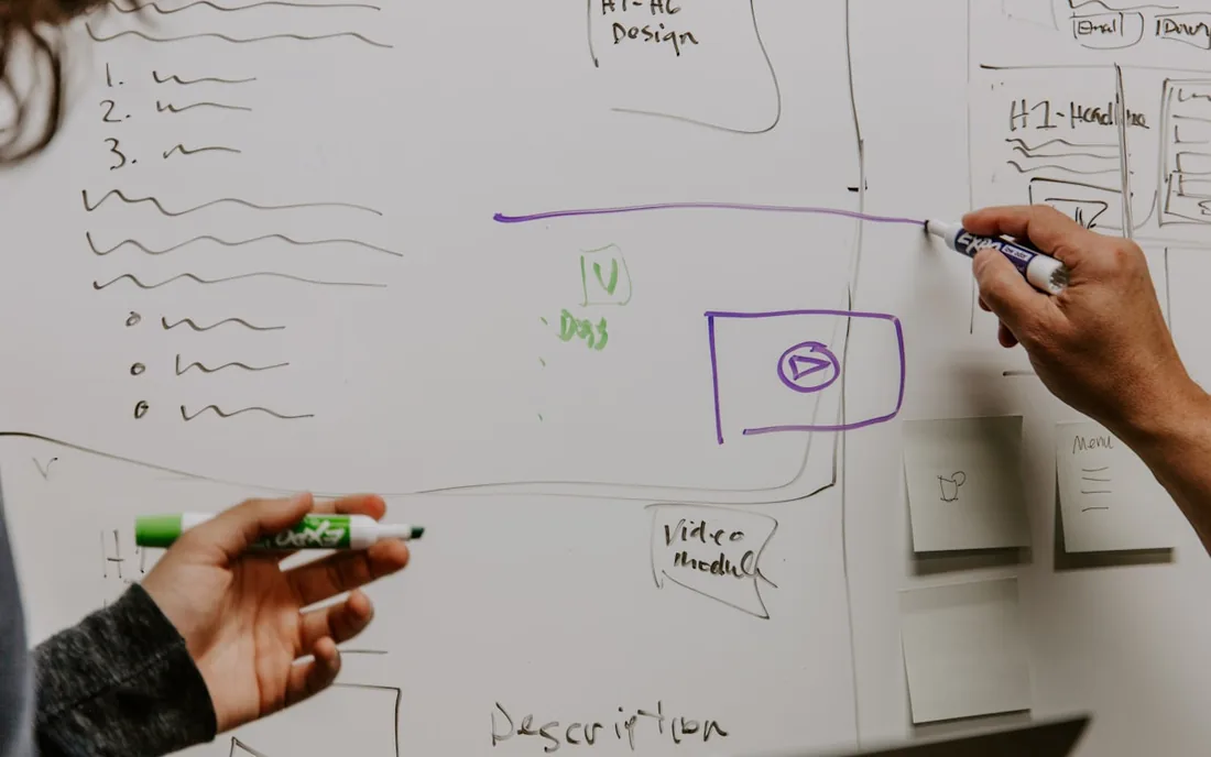 Hands sketching a product flow on a whiteboard.
