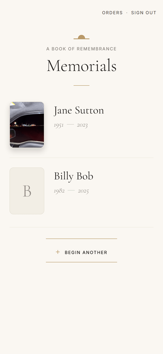 AfterGlow app — the &lsquo;Memorials&rsquo; screen, a Book of Remembrance listing memorial pages with dates.