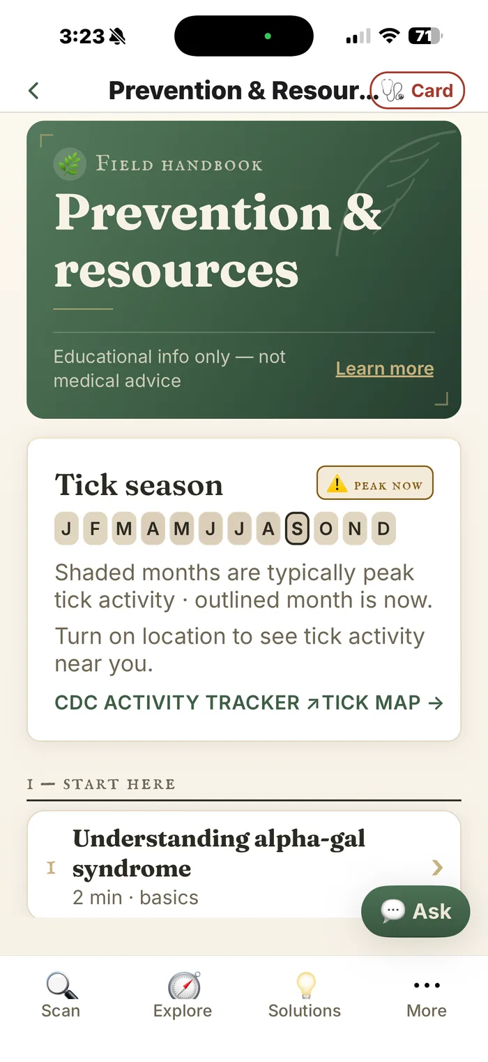 Alpha-gal — prevention and resources: a tick-season month strip showing when activity peaks.