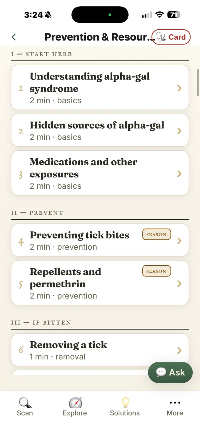 Alpha-gal — the resource library: short reads on alpha-gal, hidden sources, medications, and removing a tick.