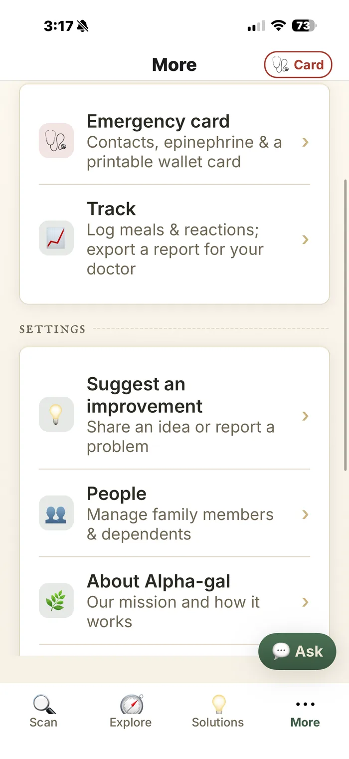 Alpha-gal — the More tab: emergency card, tracking, managing people and dependents, and settings.