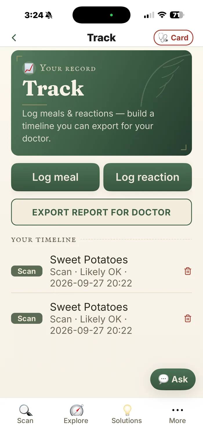 Alpha-gal — the Track record: log meals and reactions, then export a report for your doctor.