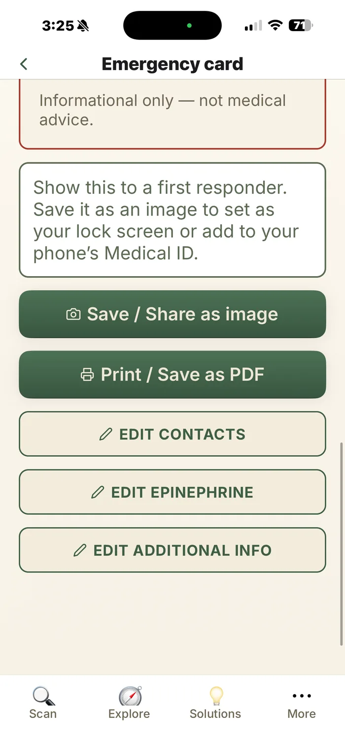 Alpha-gal — the emergency card: save it as an image or print it as a PDF to show a first responder.