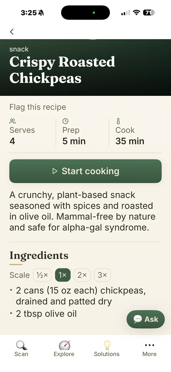 Alpha-gal — a recipe: Crispy Roasted Chickpeas, with servings, prep and cook time and the ingredient list.