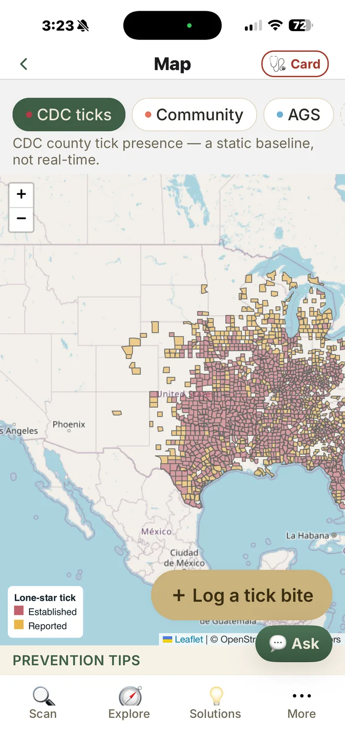 Alpha-gal — the tick map: CDC county tick presence with community and AGS layers, and a button to log a tick bite.