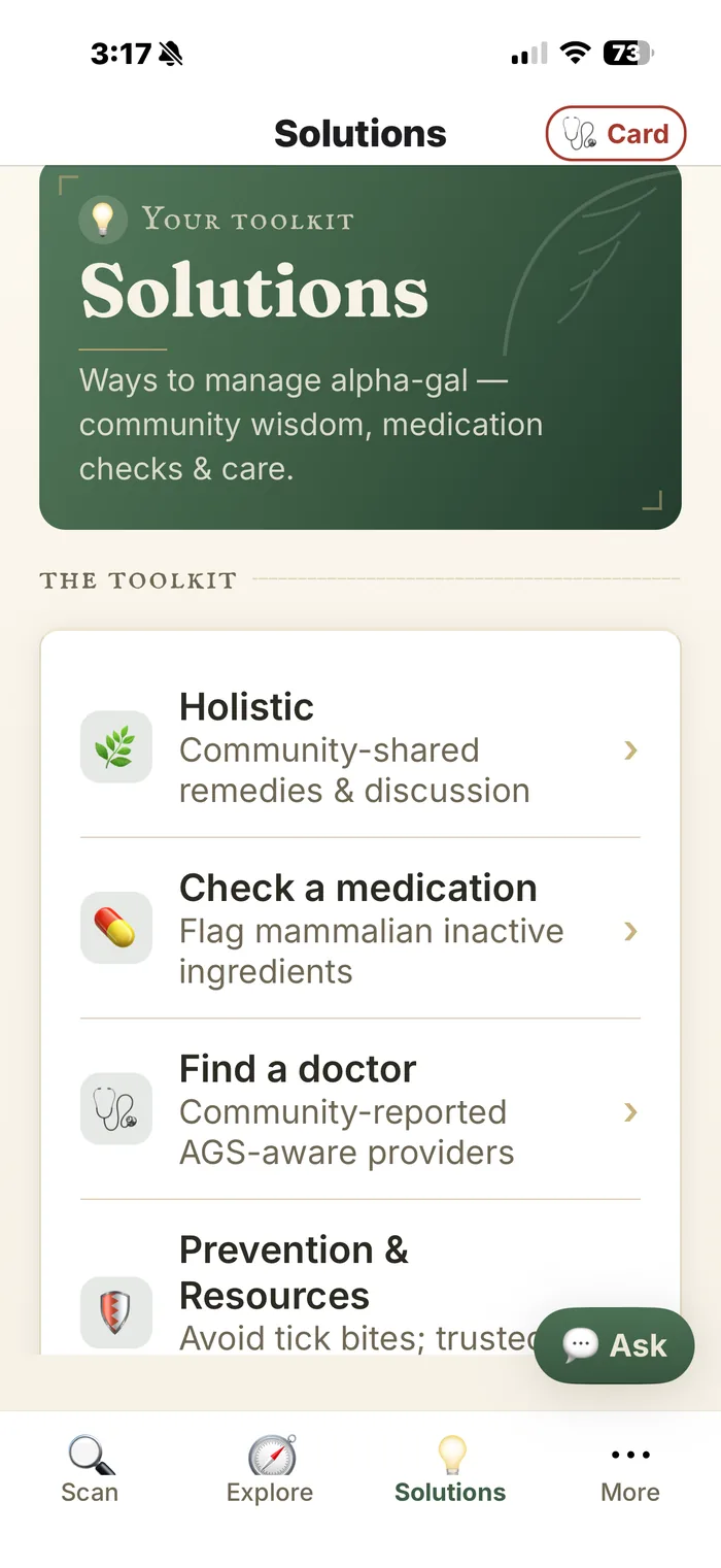 Alpha-gal — the Solutions tab: holistic remedies, medication checks, finding a doctor, and prevention resources.