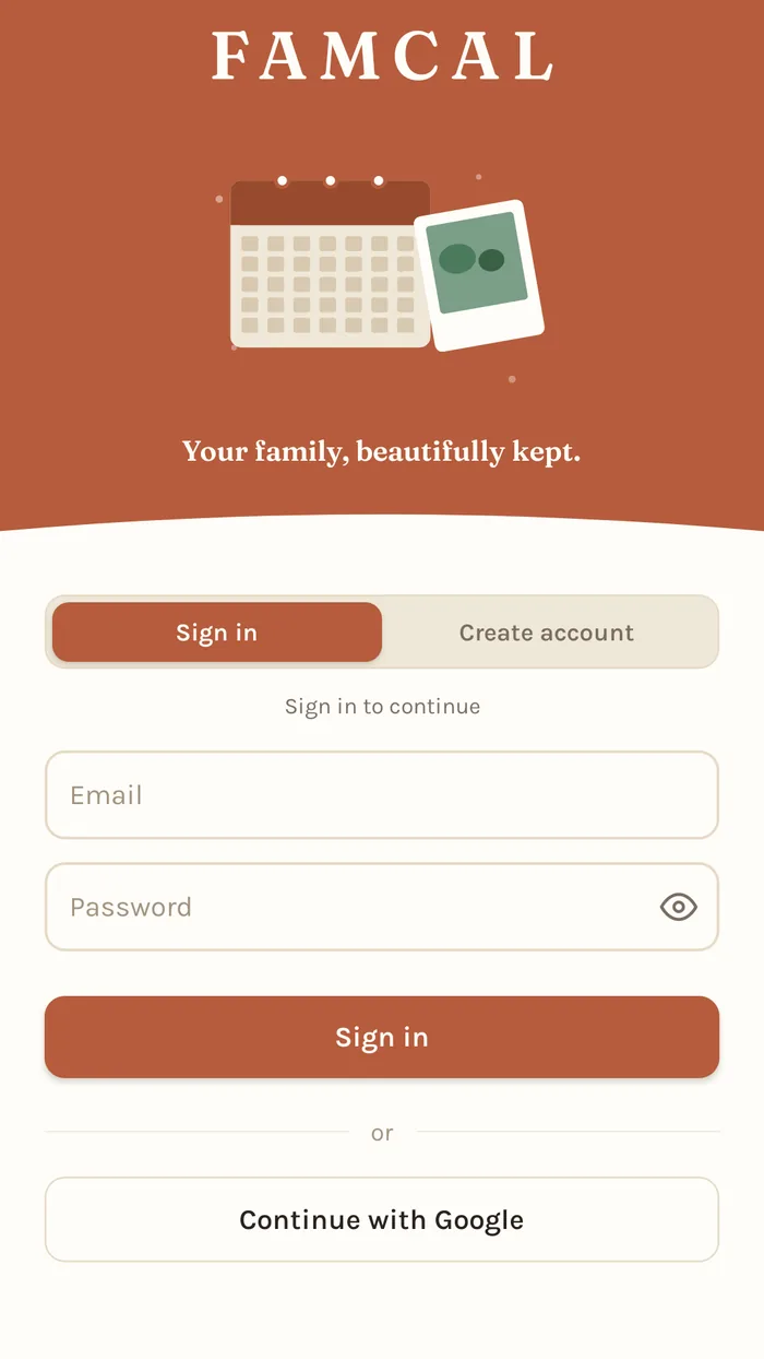 FamCal — the home screen.