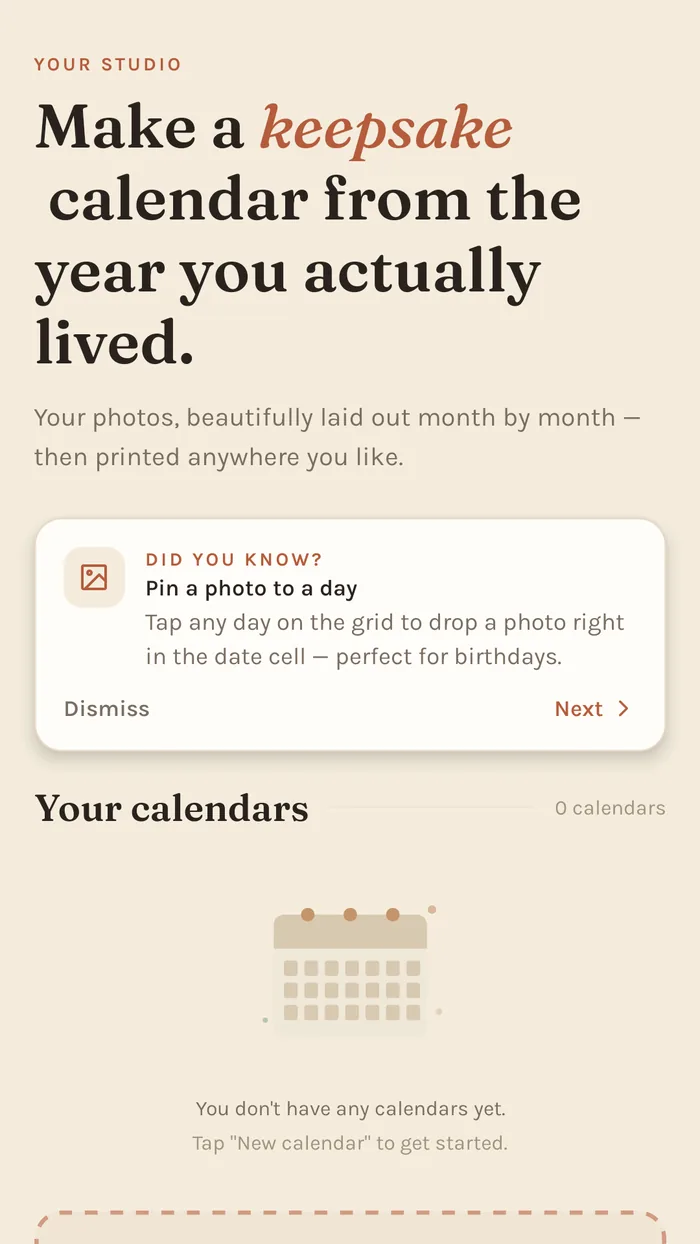 FamCal — the calendar studio, arranging photos across the months.