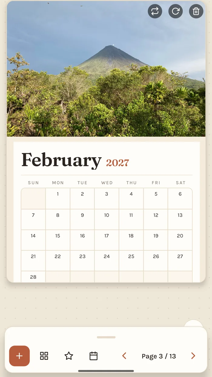 FamCal — a February page in the editor, a photo above the month grid.