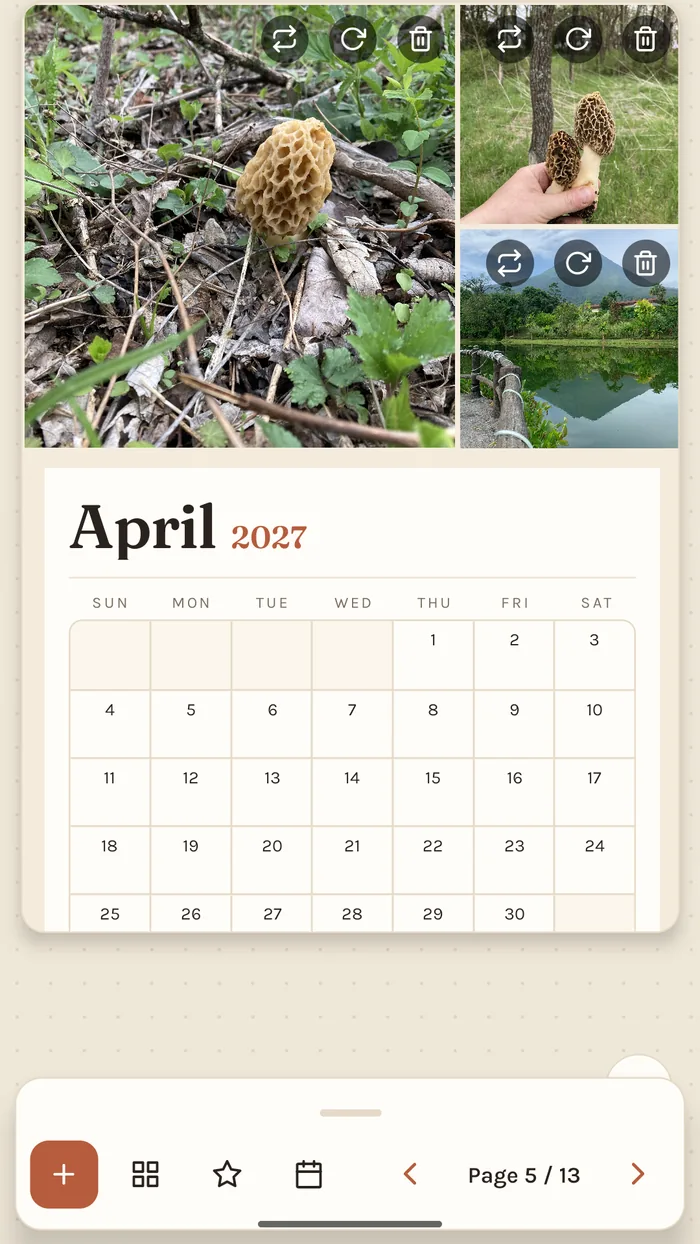 FamCal — an April page with a multi-photo collage above the dates.