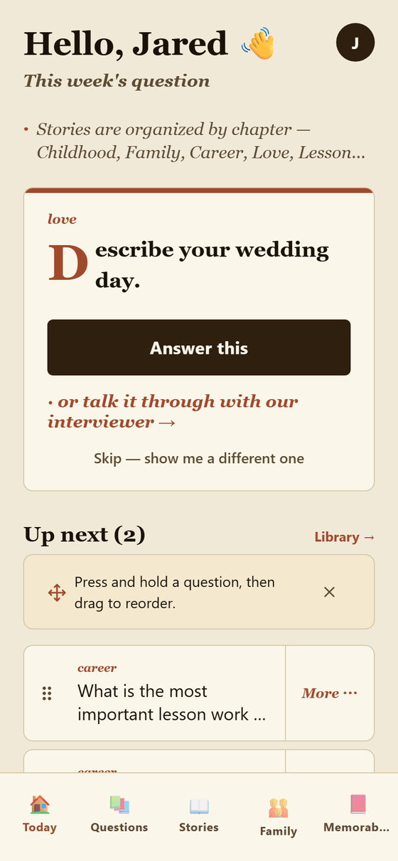 Heirloom app — the home screen greeting &lsquo;Hello, Jared&rsquo; with this week&rsquo;s story question and the question queue.