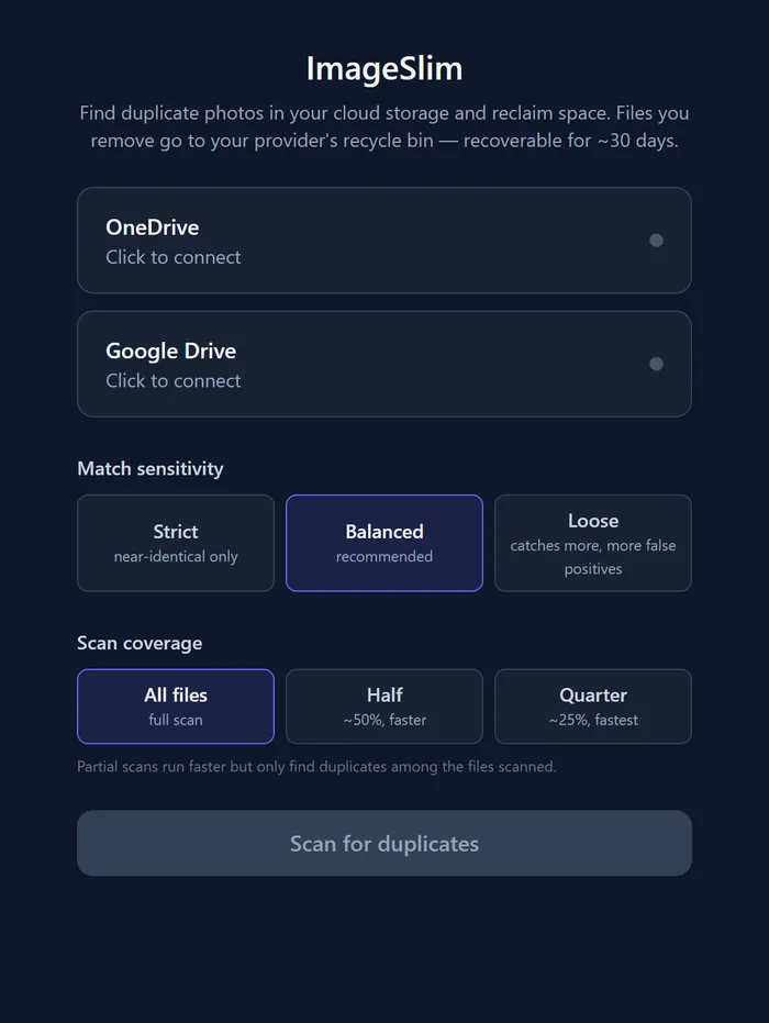 ImageSlim — connect a cloud account and scan for duplicate photos.