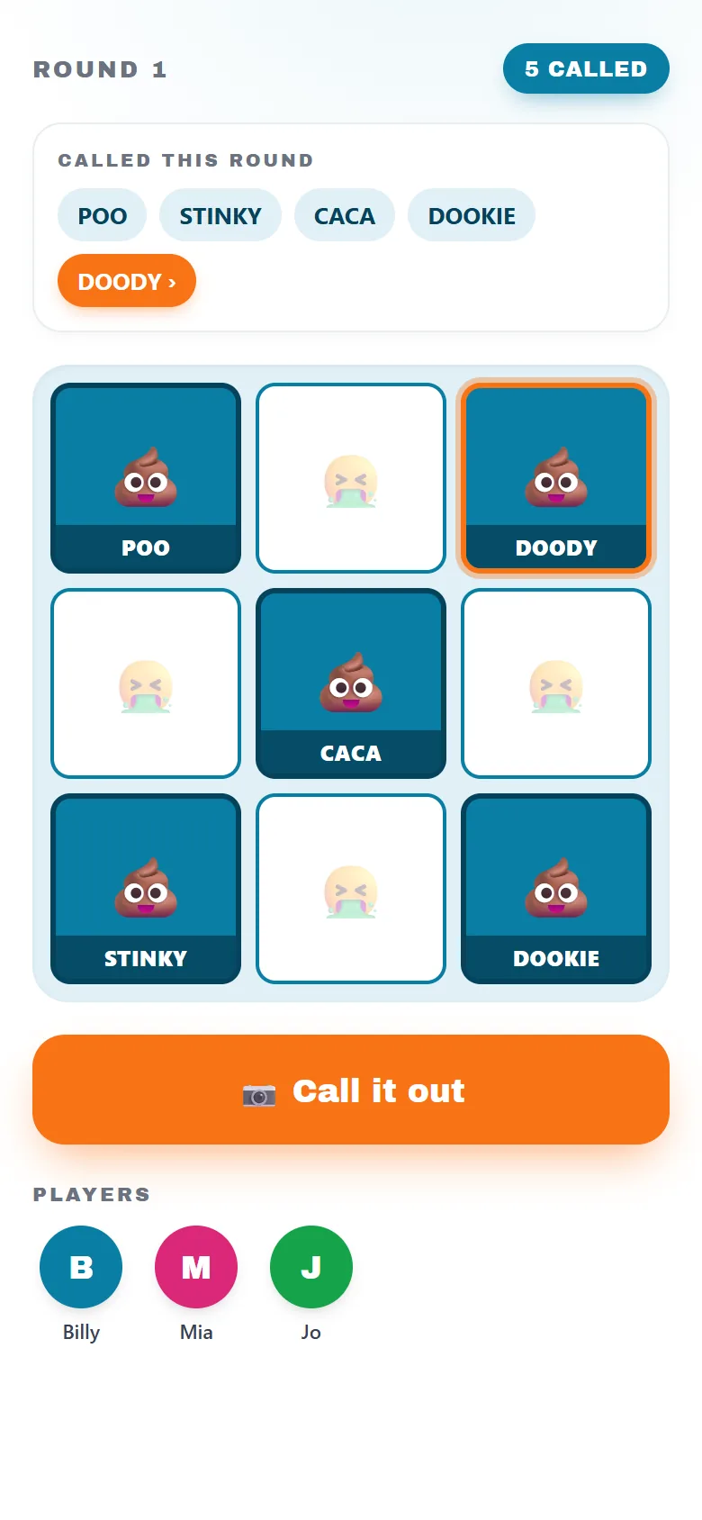 You Nasty — a board mid-round with called squares.